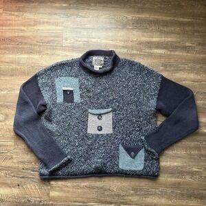 Vtg Curio Sweater Art to Wear Button Pockets Roll Neck Knitted Boho Cottage Cozy